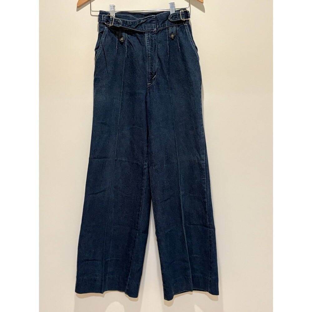 Vtg 70s H.I.S. Jeans Buckle Cinch Sides Pleated Wide Leg Bareback Jeans 24x29”